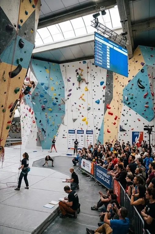 Finale en salle : deux grimpeurs dans les voies, juges au pied du mur et public derrière les barrières