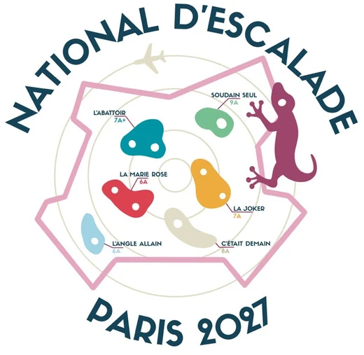 National d'Escalade Paris 2027 : cible avec prises d'escalade et gecko